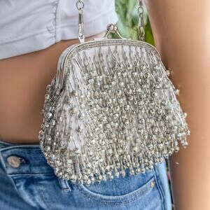 Beaded Dangles Clamper Purse-Long Detachable Strap-Pink Satin Lining-Silver Tone